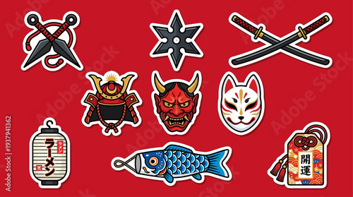 Japanese icons set on red background