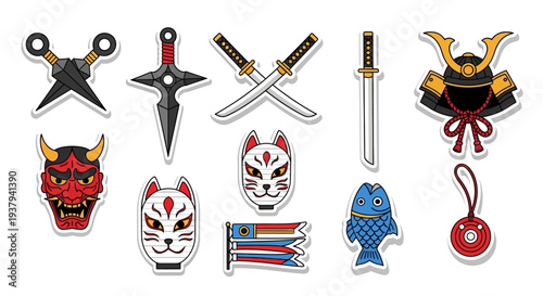 Japanese ninja objects arranged on white background
