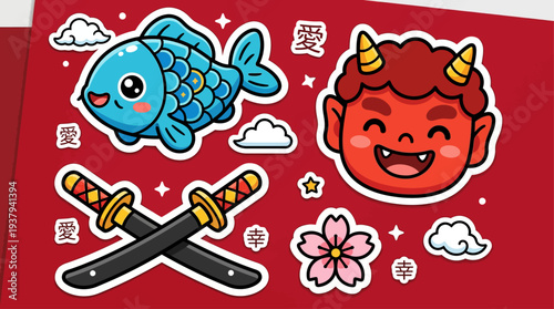 Kawaii stickers with sword, fish, and oni on red