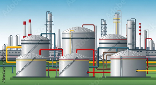 Industrial oil refinery complex with storage tanks and pipelines.