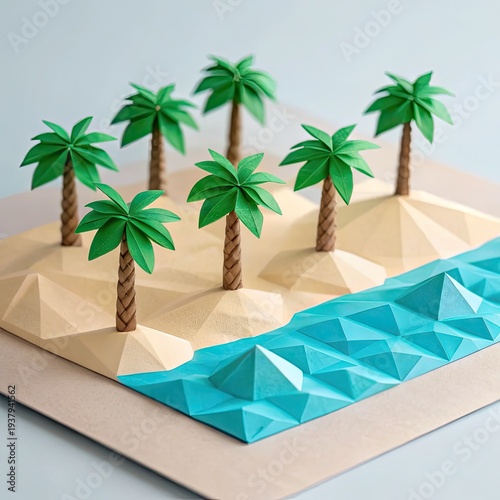 Serene paper art tropical beach scene with palm trees and geometric waves on a sandy shore, crafted from intricately cut paper.