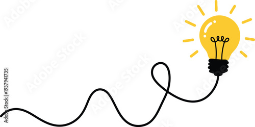 A simple illustration of a glowing light bulb with a cord