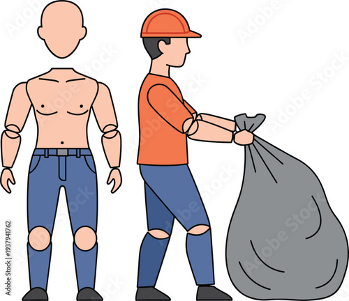 Garbage Collector Illustration with Worker in Helmet Carrying Large Trash Bag and Male Character Anatomy for Occupational Design