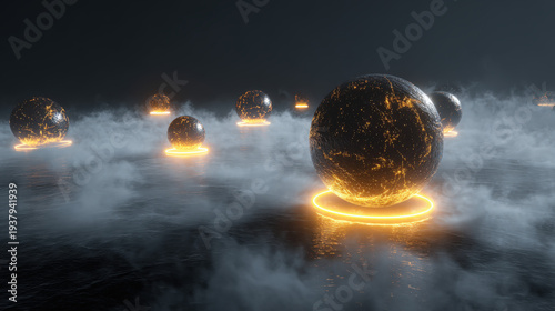 Wallpaper Mural Golden spheres float amid misty darkness Torontodigital.ca