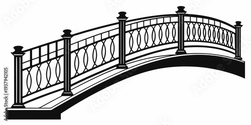A beautifully designed black metal bridge with intricate railings and a slight arch. Vector
