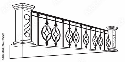 A detailed illustration of a decorative metal bridge railing with intricate patterns Vector