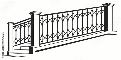 Elegant black metal railing with intricate design and wooden base Vector