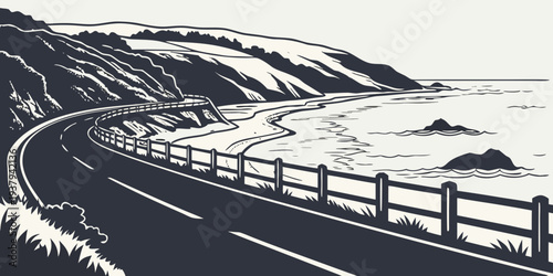 A winding road leads to a serene coastal view with a wooden fence. Vector