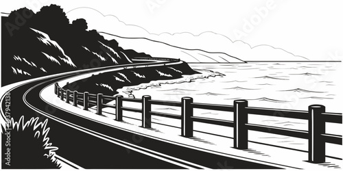 A winding road along a coastal cliff with a scenic ocean view Vector