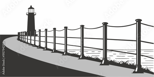 A black and white illustration of a lighthouse on a curved road with a fence. Vector