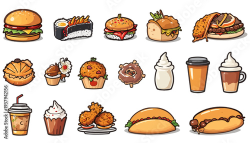 Minimal food icon collection, burger, pizza slice, coffee cup, ice cream, sushi, soda, clean line vector style, consistent stroke