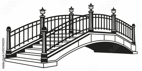 A picturesque white wooden bridge over a serene river in a lush green park Vector