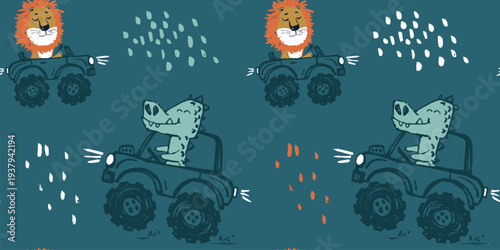 Lion, crocodile on monster truck car funny cool summer t-shirt seamless pattern. Road trip big foot