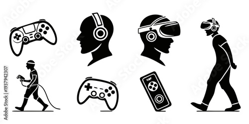 Illustration of various gaming and virtual reality activities and devices Vector
