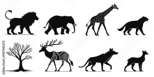 A diverse collection of animals and a tree in silhouette form Vector