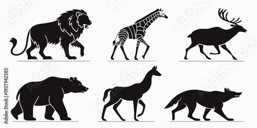 A diverse collection of wildlife animals depicted in black and white silhouettes Vector