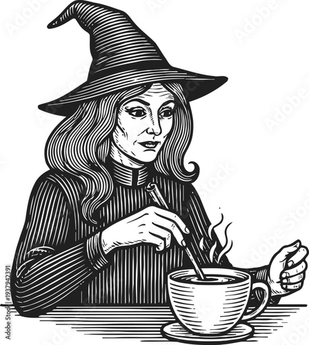 witch stirring a steaming potion in a large cup wearing a pointed hat and striped garment