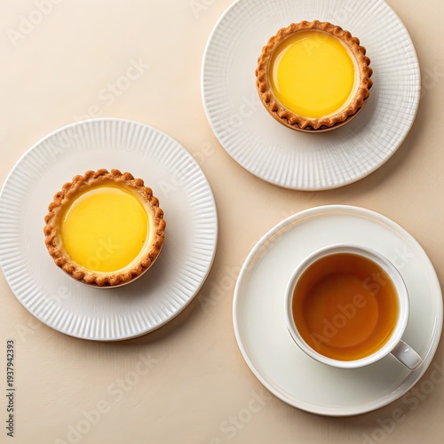 Two egg tarts on white plates accompanied by a cup of tea on a saucer, displayed on a beige surface, creating a serene and inviting atmosphere for a dessert or snack.