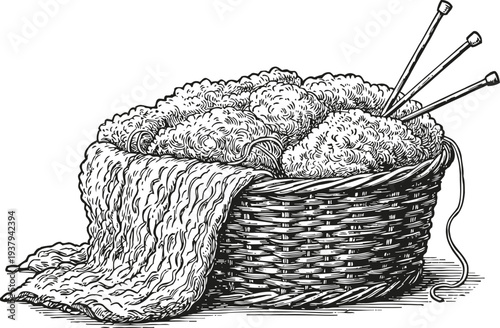 Knitting yarn balls with needles in woven basket and partially knitted fabric piece