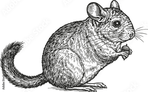 Detailed black and white illustration of a small rodent holding food, wildlife drawing, nature sketch