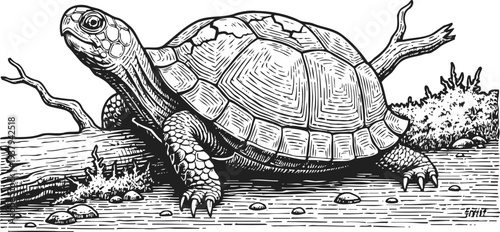 Detailed black and white turtle illustration crawling on the ground with logs and plants in background