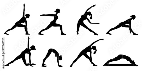 A series of black and white illustrations depicting various yoga poses. Vector