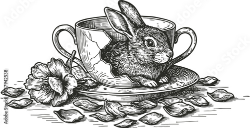 Vintage rabbit inside cracked teacup with flower petals surrounding hand drawn easter scene