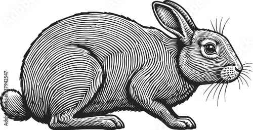 detailed vintage engraving of a crouching rabbit with intricate linework and realistic textures