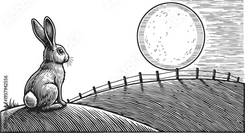 rabbit sitting on a hill under a full moon at night with rustic fence and grass