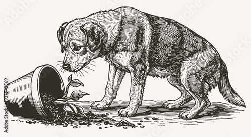 Curious dog inspecting a fallen flower pot with spilled soil and plant