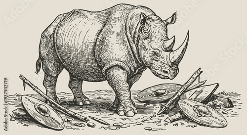 vintage engraving of rhinoceros with tribal weapons and shields on ground, wildlife illustration