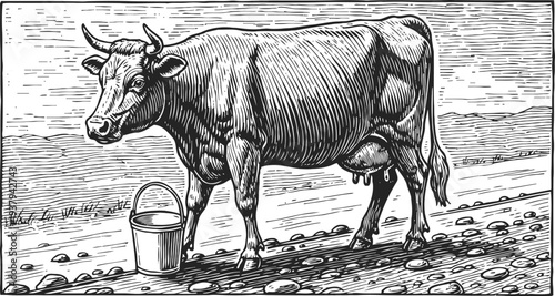 Cow standing next to a metal bucket on rocky ground, vintage farm illustration in black and white