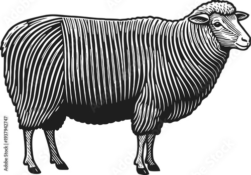 Black and white drawing of sheep standing sideways with thick wool and detailed texture