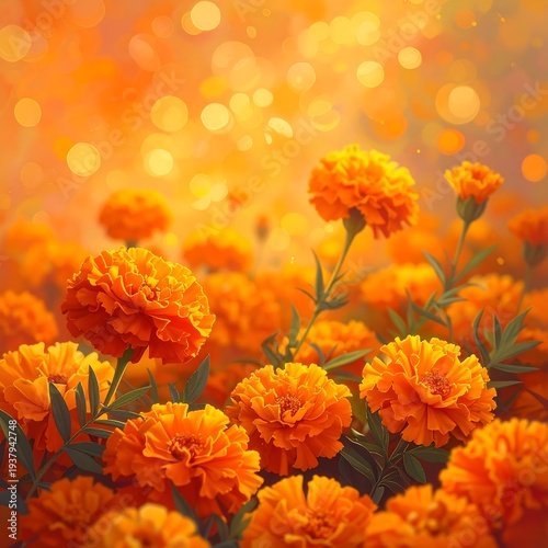 A vibrant field of orange flowers with green stems and leaves