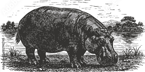 hippopotamus standing at riverside with water plants and distant trees in natural habitat