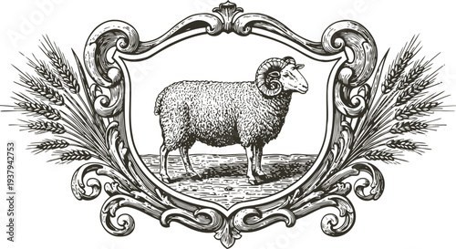 Ornate vintage frame with ram sheep illustration and wheat branches detailed engraving design