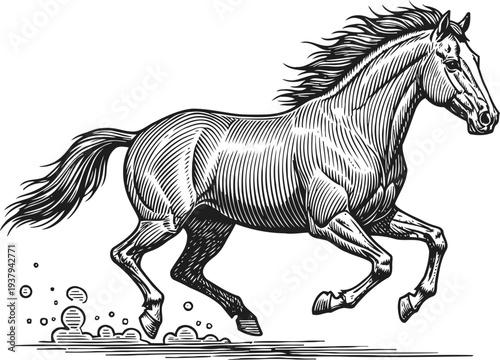 Running horse illustration with dynamic lines and flowing mane in black and white design