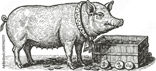 Vintage pig illustration with a wooden chest full of coins, antique engraving drawing
