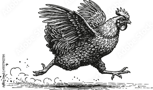 Running chicken sketch illustration with detailed feathers and dynamic motion lines