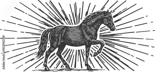 majestic horse with raised leg illustration vintage detailed equine drawing with radiant lines background