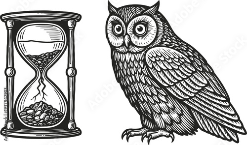 Hourglass with falling sand and detailed owl drawing in black and white vintage