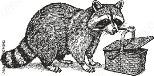 Raccoon with picnic basket illustration wild animal near woven basket with lid open