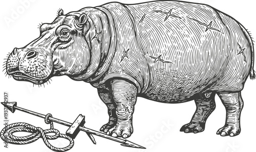 Vintage engraving of a hippopotamus next to a harpoon and coiled rope, wildlife illustration