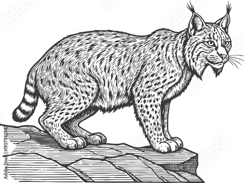 Detailed black and white engraving of a lynx standing on rocky terrain, wild cat illustration