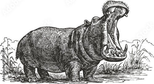 Detailed hippopotamus illustration with open mouth in natural habitat drawing