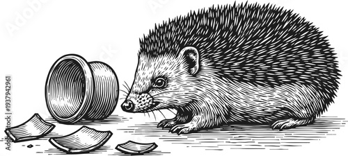 Hedgehog sniffing broken pottery shards on white background animal wildlife sketch