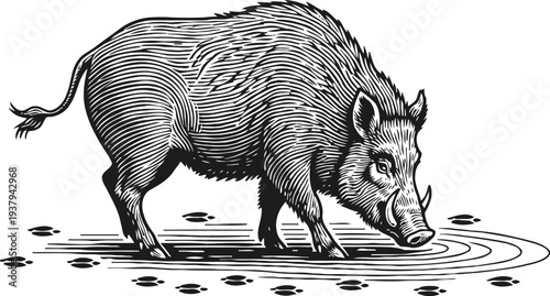 Wild boar drinking water from pond with footprints around, vintage animal engraving illustration