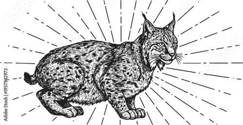 hand drawn wild lynx with detailed fur texture and radiant background lines illustration