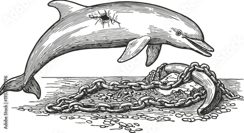 Injured dolphin with chained anchor and seabed marine conservation and captivity illustration