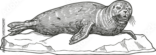 Illustration of a resting seal lying on ice, detailed black and white engraving marine mammal artwork